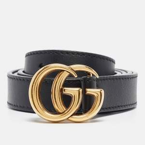 Gucci Black Leather GG Marmont Slim Buckle Belt 80CM