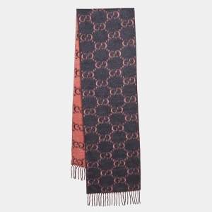 Gucci Pink/Grey GG Web Print Tassel Detail Wool Scarf 