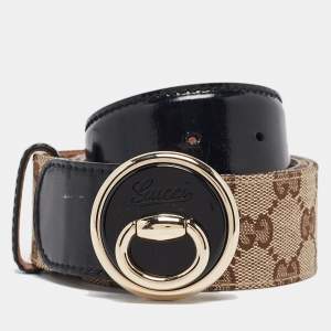 Gucci Black/Beige GG Canvas and Patent Leather Full Moon Belt 85CM