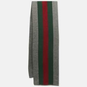 Gucci Grey Web Striped Wool & Silk Knit Stole
