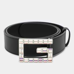 Gucci Black Leather Crystal Embellished G Buckle Belt 80CM