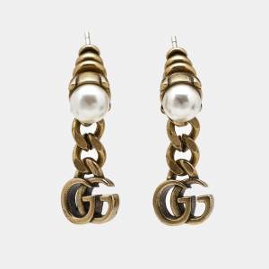 Gucci Double G Faux Pearl Gold Tone Earrings
