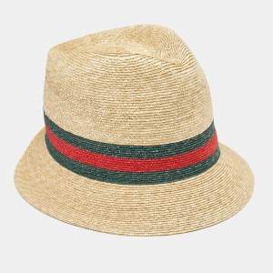 Gucci Brown Web Straw Fedora Hat 