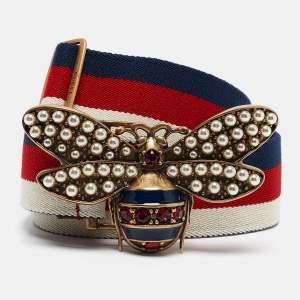 Gucci Tricolor Web Canvas Queen Margaret Bee Belt 80CM