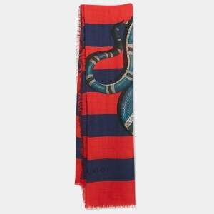 Gucci Red/Blue Kingsnake Print Stripe Silk Scarf 