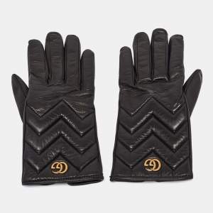 Gucci Black Matelassé Leather GG Marmont Gloves Size 7.5