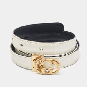 Gucci White/Black Leather Vintage Interlocking G Buckle Belt 90 CM