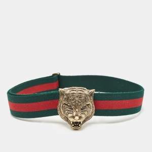 Pre Owned Gucci Green/Red Web Canvas Feline Buckle Belt 90 CM