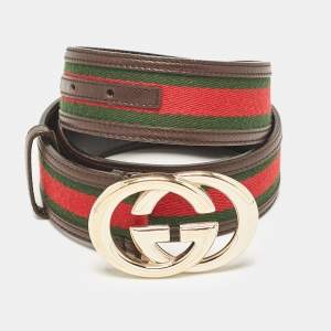Gucci Brown Leather and Web Canvas Interlocking G Buckle Belt 80 CM
