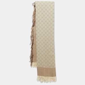 Gucci Brown GG Jacquard Cotton Blend Fringed Scarf