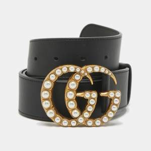 Gucci Black Leather GG Marmont Pearl Belt 90CM