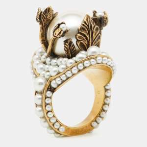 Gucci Faux Pearl Flower Gold Tone Ring Size 50