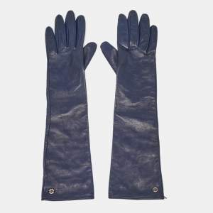 Gucci Navy Blue Leather Interlocking G Long Gloves Size 6.5 
