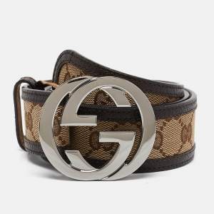 Gucci Beige/Brown GG Canvas and Leather Interlocking G Buckle Belt 80 CM