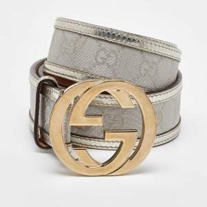 Pre Owned Gucci Metallic GG Canvas and Leather Interlocking G Buckle Belt 85CM