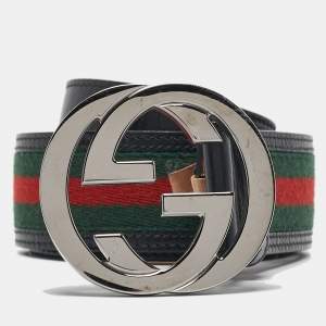 Gucci Black Web Canvas and Leather Interlocking G Buckle Belt 90CM