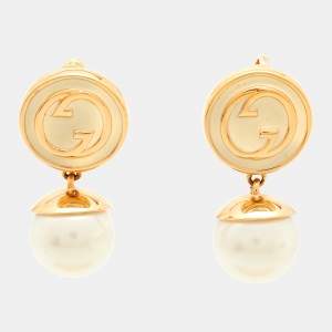 Gucci Blondie Enamel Faux Pearl Gold Tone Drop Earrings