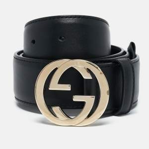 Gucci Black Leather Interlocking G Buckle Belt 80CM