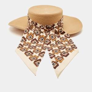 Gucci Brown Silk Scarf Trim Straw Hat S