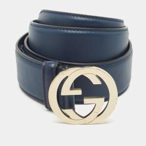 Gucci Navy Blue Leather Interlocking G Buckle Belt 80CM