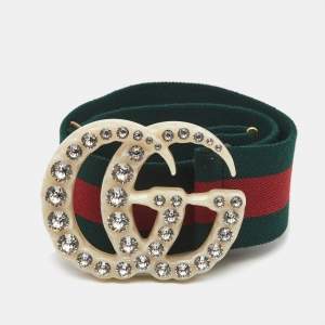 Gucci Green/Red Web Elastic Canvas GG Crystals Embellished Buckle Belt 80CM