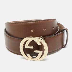 Gucci Brown Leather Interlocking G Buckle Belt 85CM