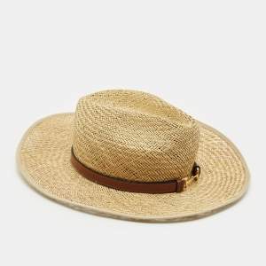 Gucci Beige Horsebit Leather Trim Straw Hat 