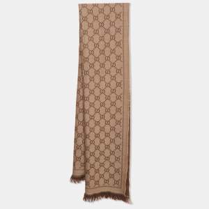 Gucci Light Brown GG Jacquard Wool Knit Scarf 