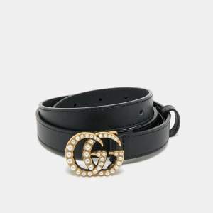 Gucci Black Leather Pearl Embellished GG Marmont Slim Belt 75 CM