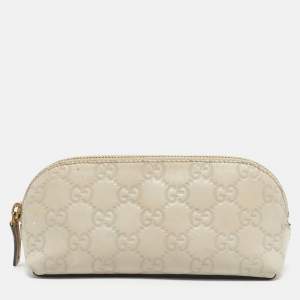 مملوكة مسبقًا Gucci Ivory Guccissima Leather Cosmetic Zip Pouch