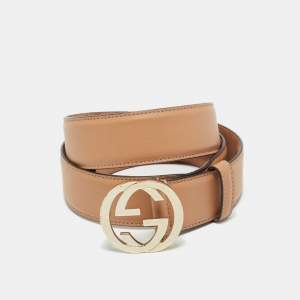 Pre Owned Gucci Beige Leather Interlocking G Buckle Belt 90 CM