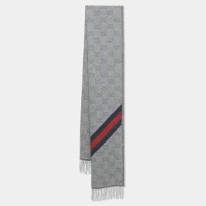 Gucci Grey GG Supreme Monogram Jacquard Wool Fringed Scarf 
