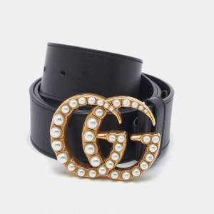 مملوكة مسبقًا Gucci Black Leather GG Marmont Pearl Embellished Buckle Belt 80CM