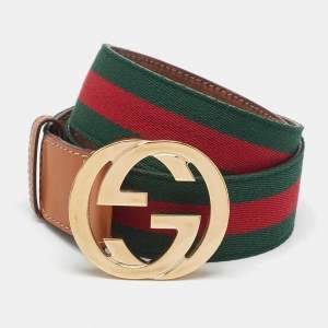 مملوكة مسبقًا Gucci Tan/Green Fabric and Leather Web Interlocking G Buckle Belt 85CM