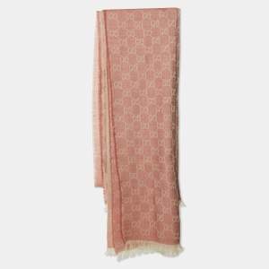 Pre Owned Gucci Peach GG Jacquard Wool Silk & Wool Scarf