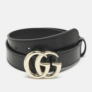 Pre Owned Gucci Black Leather GG Marmont Slim Belt 75 CM