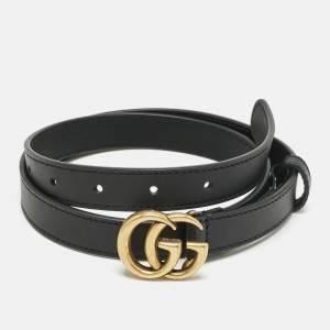 Pre Owned Gucci Black Leather GG Marmont Slim Belt 75 CM