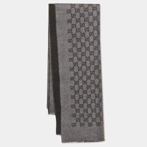 Pre Owned Gucci Grey/Black GG Jacquard Wool Muffler