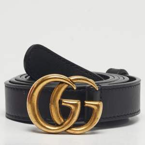 Pre Owned Gucci Black Leather GG Marmont Slim Belt 90CM
