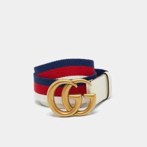 Pre Owned Gucci White Web Canvas and Leather GG Marmont Belt 80CM