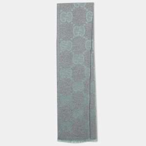Pre Owned Gucci Light Blue & Grey Logo Intarsia Wool Shawl