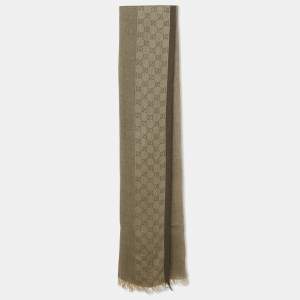 Pre Owned Gucci Vintage Brown Wool & Silk Logo Strip Detail Scarf