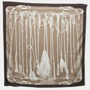 Pre Owned Gucci Beige & Black Buckle Printed Silk Scarf