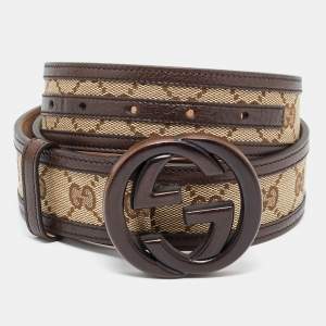 Pre Owned Gucci Beige/Brown GG Canvas and Leather Interlocking G Buckle Belt 85CM