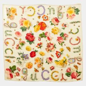 Pre Owned Gucci Light Beige Floral Butterfly Print Silk Scarf