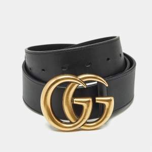 Pre Owned Gucci Black Leather GG Marmont Buckle Belt 80 CM