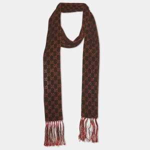 Pre Owned Gucci Burgundy Monogram Velvet Fringed Thin Scarf 