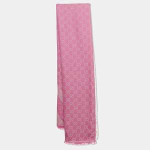 Pre Owned Gucci Pink GG Jacquard Wool Blend Scarf 
