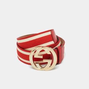 Pre Owned Gucci Red/White Web Canvas and Leather Interlocking G Buckle Belt 85CM