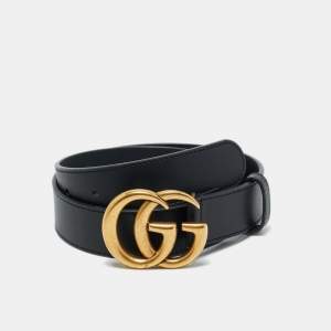 Pre Owned Gucci Black Leather GG Marmont Buckle Belt 70 CM
